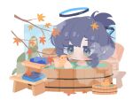  1girl bamboo bath bathing blue_archive blue_background blue_eyes blue_hair blush border branch bucket closed_mouth commentary_request hair_between_eyes hair_bun hair_ornament halo hands_up highres holding leaf leaf_on_head maple_leaf outside_border partially_submerged rubber_duck shirota_(petapeta84) sidelocks simple_background single_hair_bun smile solo steam stool towel washbowl water white_border wooden_bathtub wooden_bucket wooden_stool yuuka_(blue_archive) 