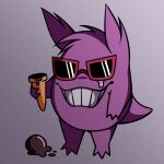  absurdres chocolate cryptidhermit food full_body gengar gradient_background highres holding holding_food holding_ice_cream ice_cream ice_cream_cone no_humans open_mouth pokemon pokemon_(creature) purple_fur sad smile solo sunglasses tearing_up teeth 
