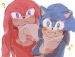  2boys ? animal_ears animal_nose blue_fur blush closed_mouth english_commentary furry furry_male gloves green_eyes hand_on_own_face hand_up hedgehog hedgehog_ears knuckles_the_echidna looking_at_viewer male_focus multiple_boys red_fur simple_background sk_rokuro smile sonic_(series) sonic_the_hedgehog sonic_the_hedgehog_2_(film) sparkle spiked_gloves standing teeth violet_eyes white_background white_gloves 