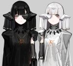  2girls adeline_(girls&#039;_frontline) alina_(girls&#039;_frontline) black_dress black_hair breasts brown_eyes closed_mouth dress facial_mark girls_frontline grey_background hair_ornament highres long_hair looking_at_viewer mechanical_arms medium_breasts multiple_girls nyto_(girls&#039;_frontline) paradeus rampart1028 simple_background single_mechanical_arm upper_body white_dress white_hair 