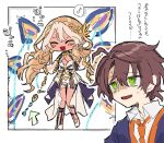  1boy 1girl andromeda_(fate) blue_shirt boseki_(edam_a) brown_hair chain choker dark-skinned_female dark_skin detached_sleeves fate/grand_order fate_(series) gold_choker green_eyes hair_ornament highres light_brown_hair long_hair multicolored_hair necktie orange_necktie parted_lips perseus_(fate) shirt shoes simple_background sketch smile surprised two-tone_hair white_background white_hair white_undershirt 