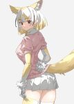  1girl adjusting_clothes adjusting_legwear animal_ears blonde_hair blush brown_eyes cowboy_shot elbow_gloves extra_ears fennec_(kemono_friends) fox_ears fox_girl fox_tail from_behind fur_trim gloves hair_between_eyes highres kemono_friends looking_back multicolored_hair pink_sweater pleated_skirt puffy_short_sleeves puffy_sleeves short_hair short_sleeves sidelocks skirt smile solo sweater tail tanabe_(fueisei) thigh-highs two-tone_gloves white_fur white_gloves white_hair white_skirt yellow_gloves yellow_thighhighs zettai_ryouiki 