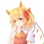  animal_ears ascot blonde_hair cat_ears cat_girl closed_mouth crystal_wings dress flandre_scarlet kk_snake medium_hair red_dress red_eyes short_sleeves side_ponytail simple_background touhou upper_body white_background yellow_ascot 