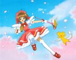  1girl absurdres bow brown_hair card cardcaptor_sakura child clouds cloudy_sky flying gloves green_eyes happy highres holding holding_card holding_wand kero kinomoto_sakura magical_girl official_art open_mouth pink_headwear red_bow red_footwear short_hair sky wand white_gloves wings 