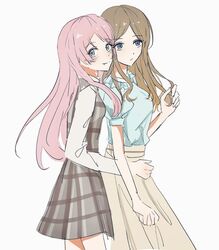  2girls bandistight bang_dream! bang_dream!_it&#039;s_mygo!!!!! blue_eyes blue_shirt brown_hair chihaya_anon closed_mouth dress fang grey_dress grey_eyes highres hug hug_from_behind long_hair long_sleeves looking_at_viewer multiple_girls nagasaki_soyo pinafore_dress puffy_short_sleeves puffy_sleeves shirt short_sleeves sidelocks simple_background sleeveless sleeveless_dress white_background white_shirt yuri 