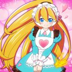  1girl apron artist_logo artist_name blonde_hair blue_dress blue_eyes blush ciel_(mega_man) dress fontatoba heart high_ponytail highres long_hair mega_man_(series) mega_man_x_(series) mega_man_x_dive mega_man_zero_(series) official_alternate_costume solo twitter_username valentine 