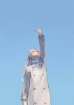  1girl blue_background blue_sky coat cowboy_shot frieren hand_up highres long_hair nyafurbl pointy_ears reaching scarf simple_background sky solo sousou_no_frieren sparkle white_coat white_hair 