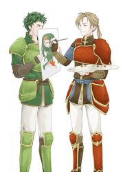  2boys absurdres armor artist_name belt blonde_hair brown_eyes closed_mouth commentary_request fire_emblem fire_emblem:_the_sacred_stones forde_(fire_emblem) green_eyes green_hair highres kyle_(fire_emblem) low_ponytail medium_hair midori_no_baku multiple_boys painting_(action) painting_(object) short_hair simple_background smile standing syrene_(fire_emblem) white_background 