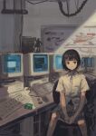  1girl absurdres black_hair brown_eyes crt eliot_(eokaitekaite969) floppy_disk highres indoors keyboard_(computer) looking_at_viewer monitor original school_uniform short_hair sitting solo 