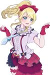  1girl ayase_eli blonde_hair blue_eyes blue_necktie bokura_wa_ima_no_naka_de commentary commentary_request earrings fingerless_gloves frilled_shirt frills gloves highres jewelry kam_tuki long_hair looking_at_viewer love_live! love_live!_school_idol_project necktie open_mouth plaid plaid_skirt ponytail puffy_shorts red_gloves red_skirt shirt short_sleeves shorts sidelocks skirt solo suspender_skirt suspenders upper_body white_background white_shirt 