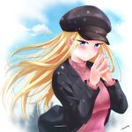  1girl absurdres black_headwear black_jacket blonde_hair blue_eyes blue_nails blue_sky blush breasts breath clouds dosanko_gyaru_wa_namaramenkoi floating_hair fuyuki_minami hair_behind_ear hat highres jacket long_hair long_sleeves looking_at_viewer medium_breasts mutsuki_(mutsuki0110) outdoors ribbed_sweater signature sky steepled_fingers sweater upper_body 