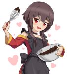  1girl absurdres apron black_apron bowl brown_hair chocolate chocolate_making collar dress heart highres holding holding_bowl holding_whisk kono_subarashii_sekai_ni_shukufuku_wo! looking_at_viewer lyourika megumin mixing_bowl open_mouth red_dress red_eyes short_hair_with_long_locks solo whisk white_background 