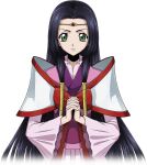  1girl artist_request black_hair bow closed_mouth code_geass code_geass:_lost_stories cropped_torso flat_chest game_cg gem green_eyes hair_intakes hair_tubes interlocked_fingers japanese_clothes jewelry kimono long_hair long_sleeves looking_at_viewer non-web_source obi official_art own_hands_clasped own_hands_together pink_kimono red_bow red_gemstone sash sidelocks simple_background solo standing straight-on sumeragi_kaguya transparent_background upper_body v-shaped_eyebrows very_long_hair wide_sleeves 