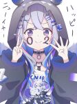 1girl absurdres amane_kanata amane_kanata_(6th_costume) belt_collar black_hoodie blue_hair character_print collar commentary_request crossed_bangs doyagao finger_counting grey_hair hair_ornament heart_o-ring highres hololive hood hood_up hoodie long_sleeves looking_at_viewer multicolored_hair open_clothes open_hoodie print_shirt seek_arrow self_character_print shirt smug solo straight-on streaked_hair upper_body v violet_eyes virtual_youtuber x_hair_ornament 