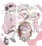  1girl artist_name black_bow bow dress gradient_hair grey_hair hair_bow hair_ornament hairclip highres inkling_girl inkling_player_character invisible_chair japanese_clothes kimono kiwi_splatoon long_hair multicolored_hair multiple_views pantyhose parted_lips pink_dress pink_hair pointy_ears portrait_(object) red_eyes sandals sitting splatoon_(series) teeth tentacle_hair two-tone_hair umbrella white_background white_pantyhose zouri 