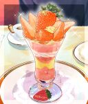  cup desk food fruit highres miri_illust no_humans original parfait plate saucer sparkle strawberry strawberry_parfait table teacup 