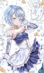  1girl absurdres bare_shoulders blue_eyes blue_hair blue_skirt breasts cape commentary_request detached_sleeves flower fortissimo gloves hair_ornament highres magia_record:_mahou_shoujo_madoka_magica_gaiden magical_girl mahou_shoujo_madoka_magica mahou_shoujo_madoka_magica_(anime) medium_breasts miki_sayaka miniskirt musical_note pleated_skirt short_hair skirt smile strapless thigh-highs ukiukikiwi2525 water water_drop white_gloves yellow_flower 