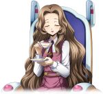  1girl artist_request blush brown_hair buttons child closed_eyes code_geass code_geass:_lost_stories collared_shirt cup double-breasted dress drink facing_viewer flat_chest forehead game_cg hair_intakes hands_up happy holding holding_cup holding_drink holding_plate light_blush long_hair long_sleeves looking_at_viewer necktie non-web_source nunnally_vi_britannia official_art on_chair open_mouth pinafore_dress plate purple_dress purple_necktie saucer school_uniform shirt sidelocks simple_background sitting sleeveless sleeveless_dress smile solo tea teacup transparent_background u_u very_long_hair wheelchair white_shirt 