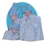  1boy animal_ears black-framed_eyewear blue_background blue_bow blue_bowtie blue_coat blue_eyes blue_gloves blue_hair blue_suit blue_theme bow bowtie bright_pupils coat coat_on_shoulders collared_coat crying crying_with_eyes_open floppy_ears glasses gloves hands_on_own_face hands_up highres korean_commentary long_sleeves looking_at_viewer multiple_views open_mouth original oval_background rabbit_boy rabbit_ears rabbit_tail sasi_mozzi1 short_hair simple_background standing suit tail teardrop tears upper_body very_short_hair wiping_tears 
