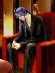  chair dancing_love_(vocaloid) formal kamui_gakupo male ponytail purple_hair sitting solo suit toyu vocaloid 