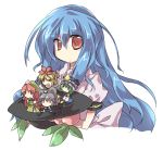  alphes_(style) blue_hair chibi food fruit hat hat_removed headwear_removed hinanawi_tenshi hitsubaru hong_meiling long_hair minigirl multiple_girls nazrin parody peach red_eyes shikieiki_yamaxanadu style_parody toramaru_shou touhou 