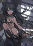  1girl absurdres bikini_top black_hair black_rock_shooter black_rock_shooter_(character) blue_eyes boots chain glowing_eye highres knee_boots knife kurumayama legs_up long_hair lying navel on_back open_mouth scar sitting solo star star-shaped_pupils symbol-shaped_pupils twintails 
