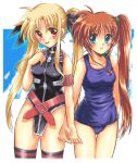  blonde_hair blue_eyes brown_hair dasuto fate_testarossa holding_hands jewelry long_hair mahou_shoujo_lyrical_nanoha mahou_shoujo_lyrical_nanoha_strikers necklace one-piece_swimsuit red_eyes school_swimsuit swimsuit takamachi_nanoha thigh_gap thighhighs twintails 