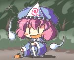  blush_stickers chibi crazy_developers drooling food forest fruit ghost hat japanese_clothes musical_note nature orange pink_hair saigyouji_yuyuko smile touhou 