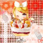  chibi cup food fork girl_in_a_cup girl_in_food hair_ornament hairpin in_container in_cup in_food kagamine_rin minigirl parfait spoon tongue tottsuan vocaloid wink 