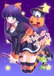  aqua_eyes bad_id chuck_(psg) halloween hat highres long_hair panty_&amp;_stocking_with_garterbelt pu-co purple_hair smile solo stocking_(character) stocking_(psg) striped striped_legwear striped_thighhighs thigh-highs thighhighs tongue witch witch_hat 