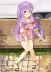  alternate_costume bad_id bespectacled casual contemporary glasses highres ice_(artist) legs long_hair no_hat no_headwear outdoors patchouli_knowledge purple_eyes purple_hair sandals sitting touhou violet_eyes 