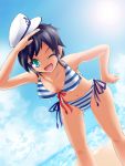  black_hair blue_eyes hat highres kuriimu murasa_minamitsu sailor_hat short_hair solo striped striped_bikini striped_swimsuit swimsuit touhou wink 