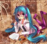  akizuki_mizuho aqua_hair bad_id bespectacled digital_media_player glasses hatsune_miku headphones ipod kocchi_muite_baby_(vocaloid) long_hair lying on_stomach pink_eyes project_diva project_diva_2nd skirt solo striped striped_legwear striped_thighhighs thigh-highs thighhighs twintails very_long_hair vocaloid zettai_ryouiki 