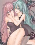  alice-yuki aqua_eyes aqua_hair bare_shoulders chain hatsune_miku highres kneeling long_hair megurine_luka multiple_girls pink_hair sitting thighhighs very_long_hair vocaloid yuri 