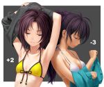  antenna_hair armpits bikini_top breasts cleavage flat_chest ganaha_hibiki idolmaster idolmaster_2 kikuchi_makoto multiple_girls nekopuchi ponytail purple_hair swimsuit undressing 