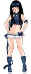  alternate_costume aoshima armband black_hair boots bow grin hair_bow hands_on_hips highres long_hair midriff miniskirt navel open_fly ribbon skirt smile solo star_sapphire touhou unzipped wink yellow_eyes zipper 