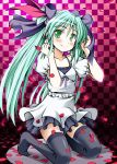  bad_id blush bow dress green_eyes green_hair hair_bow hatsune_miku kneeling long_hair nonoderawanaku petals smile solo thigh-highs thighhighs twintails very_long_hair vocaloid world_is_mine_(vocaloid) 