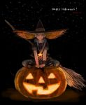  :d broom glowing halloween hat indian_style jack-o'-lantern jack-o-lantern night open_mouth orange_hair pumpkin shimetta_oshime sitting smile solo star witch witch_hat 