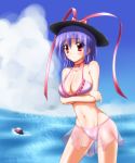  bikini blush breast_hold breasts choker hat highres midoriiro_no_shinzou mound_of_venus nagae_iku purple_hair red_eyes see-through short_hair solo swimsuit touhou yusu25 