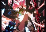  absurdres arm_cannon bad_id bikini_top black_hair black_rock_shooter black_rock_shooter_(character) blue_eyes boots chiba_tsuru colorful curly_hair dead_master flat_chest glowing glowing_eyes highres horns long_hair midriff multiple_girls navel scar scythe shorts twintails weapon 