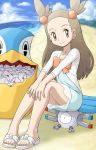  1girl brown_eyes brown_hair envelope feet hair_ornament long_hair magnemite mikan_(pokemon) pelipper pokemoa pokemon pokemon_(creature) pokemon_(game) pokemon_gsc pokemon_heartgold_and_soulsilver sandals sitting smile sweatdrop water 