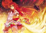  fire food fruit full_moon grin hat hinanawi_tenshi long_hair moon peach red_eyes red_hair red_moon redhead scarlet_(studioscr) smile solo sword sword_of_hisou touhou weapon 