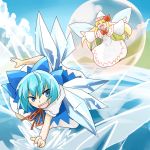  blonde_hair blue_eyes blue_hair bow cirno closed_eyes dress fairy fairy_wings hair_bow hat ice lily_white multiple_girls pakuchii touhou wings yousei_daisensou 