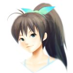  argon bad_id black_hair blue_eyes bow ganaha_hibiki hair_bow idolmaster ponytail portrait simple_background smile solo 