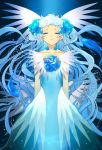  blue_hair closed_eyes dress flower hair_flower hair_ornament head_wings hirokiku long_hair original solo very_long_hair wavy_hair 