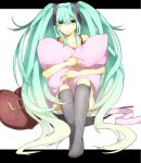  aqua_hair bad_id green_eyes hatsune_miku long_hair pillow pillow_hug sakusaku_(horosuke) sitting solo twintails very_long_hair vocaloid 