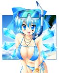  adult bikini blue_eyes blue_hair bow bracelet breasts cirno cleavage goggles goggles_on_head hair_bow jewelry kamiya_tomoe large_breasts leaning_forward necklace open_mouth ribbon side-tie_bikini skindentation snorkel solo string_bikini swimsuit touhou wings 
