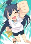  casual clenched_hands fist foreshortening ganaha_hibiki green_eyes hair_ribbon hands idolmaster jewelry long_hair necklace otoutogimi perspective ponytail raised_fist ribbon sandals shorts solo wink 