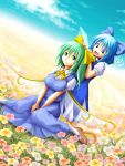  barefoot blue_eyes blue_hair bow breasts cirno daiyousei do_(ado) flower green_eyes green_hair hair_bow mary_janes multiple_girls nature scenery shoes short_hair side_ponytail sitting sky socks touhou wings 