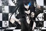  bikini_top black_hair black_rock_shooter black_rock_shooter_(character) blue_eyes boots chain glowing glowing_eyes gun long_hair moha navel pale_skin sitting solo twintails weapon 